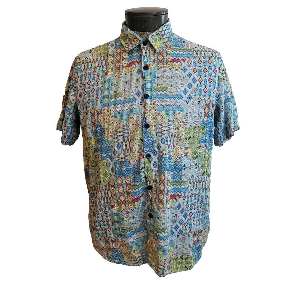 VatPave Men's Large Multicolored‎ Geometric Short Sleeve Button-Up Shirt
